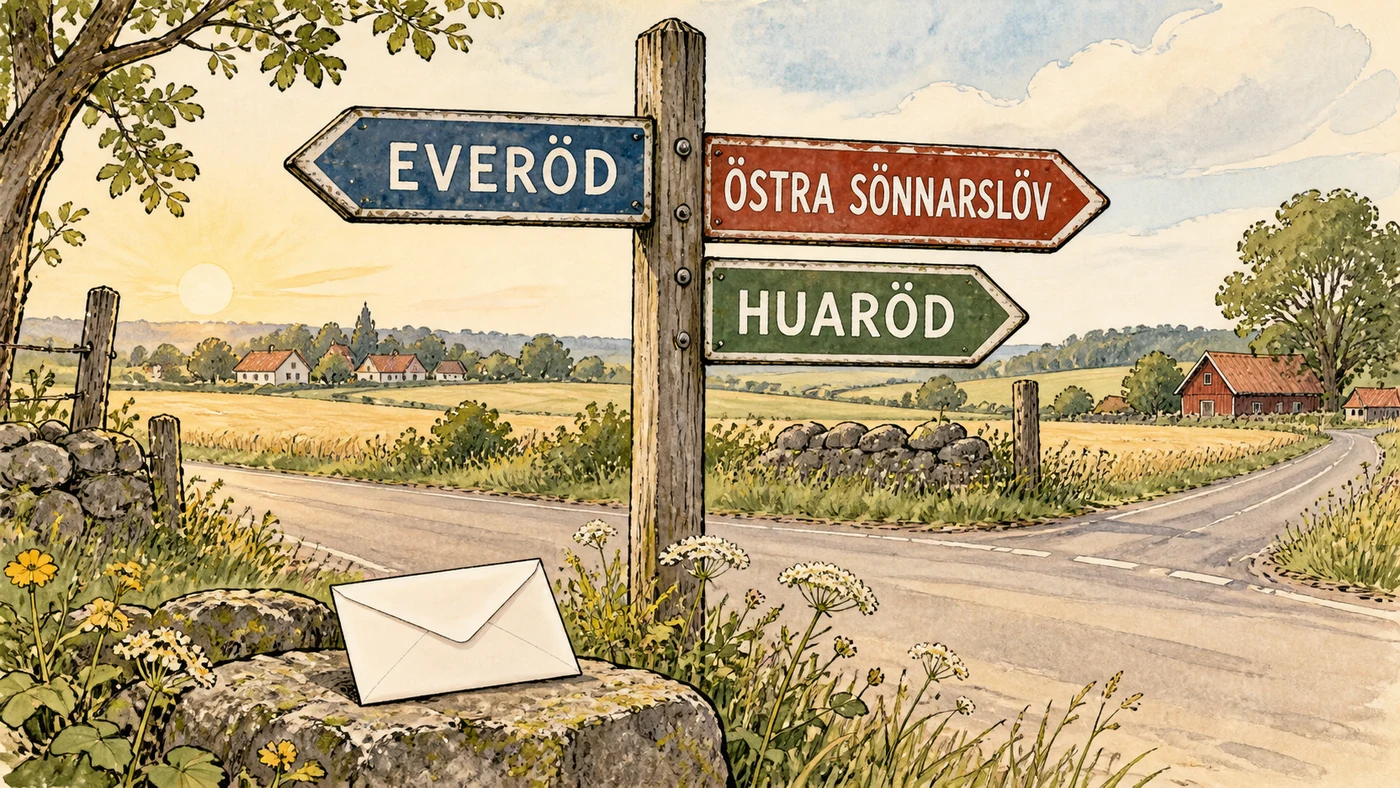 Handritad illustration av vägskyltar mot Everöd, Östra Sönnarslöv och Huaröd, med ett valkuvert i förgrunden.