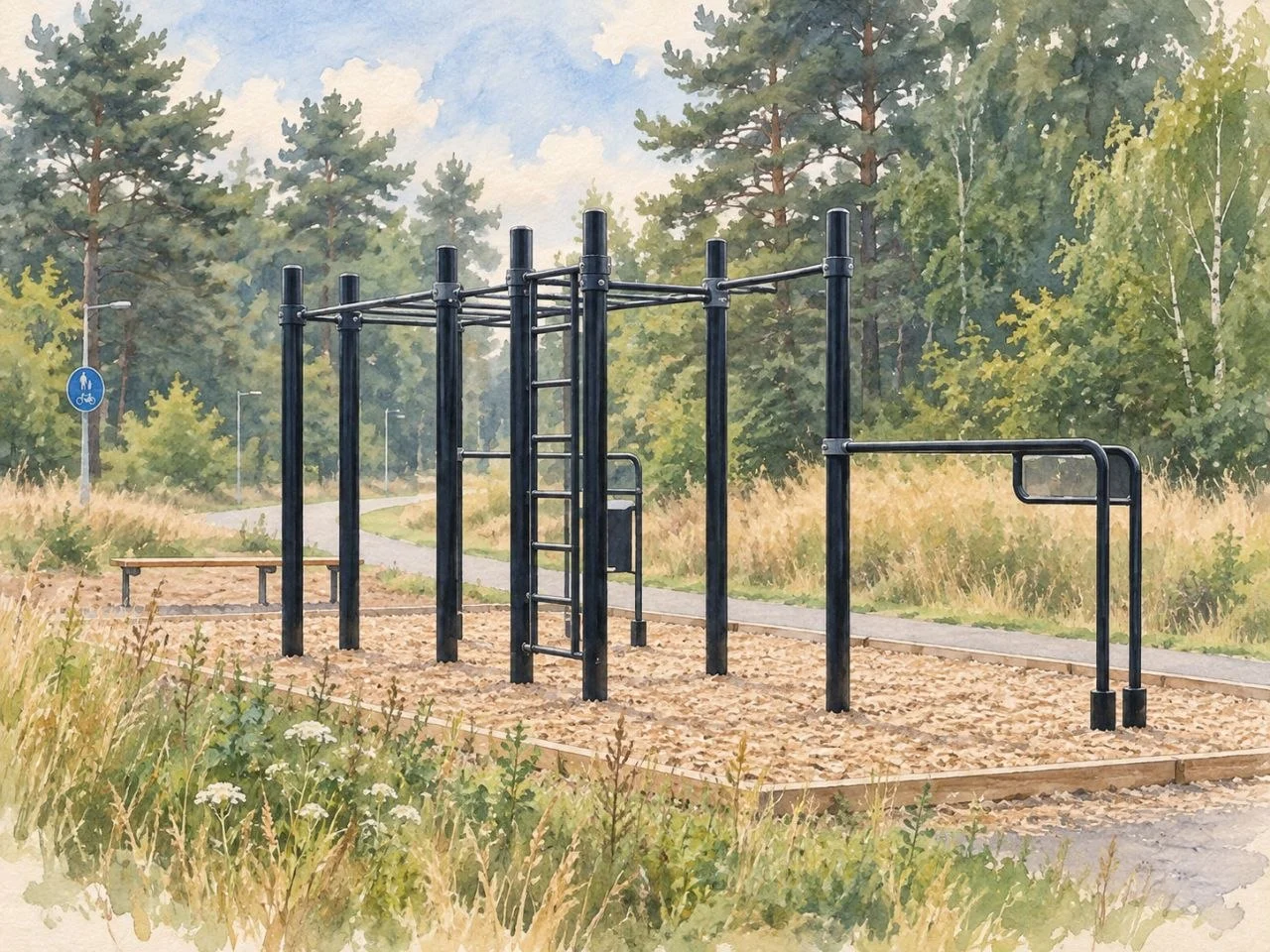 Illustration av ett utegym med svarta stänger, räcken och klätterställning intill en gång- och cykelväg.
